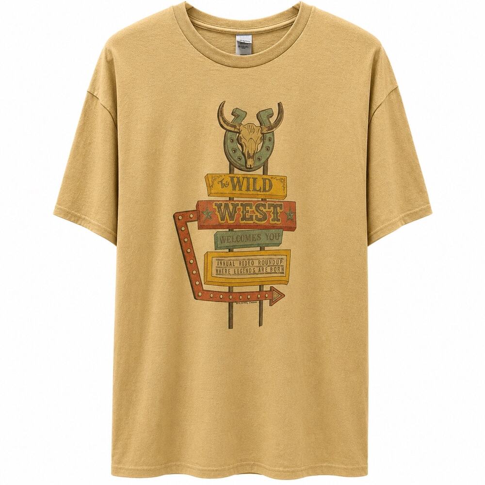 Gildan Wild West Rodeo Graphic T Shirt XL Western Cowboy Skull Tee Tan